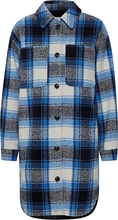 Front view of the ICHI IHELISABETTE long blue, black and white checked jacket with two chest patch pockets and a button fastening.