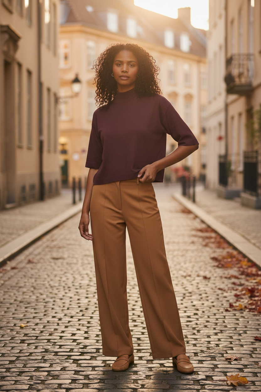 Kaffe Kalizza Bordeaux Cropped Mock Turtleneck Top – Short Sleeve | Women