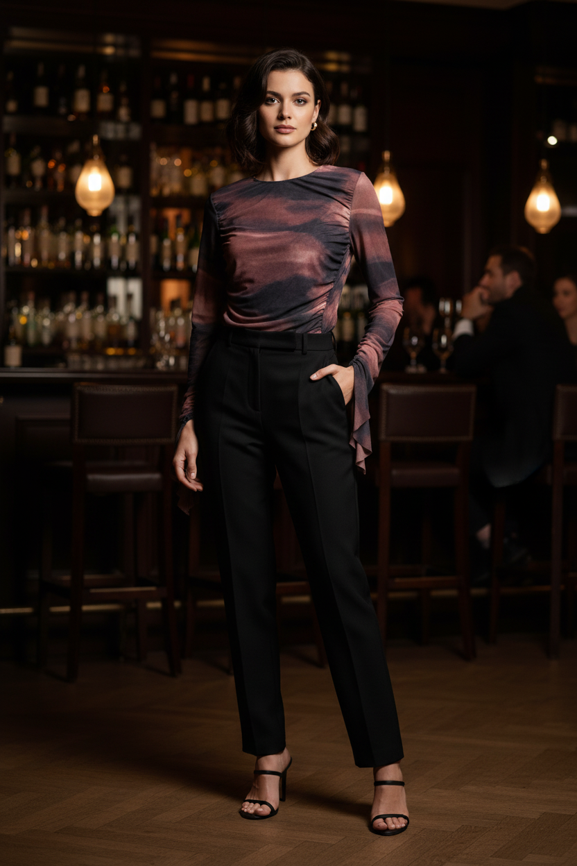 Neo Noir Ruched Mesh Blouse – Brown Abstract Print, AI lifestyle model photo