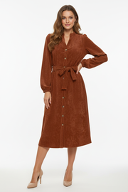 Sorbet Spicy Corduroy Shirt Dress with Belt – Rust Brown