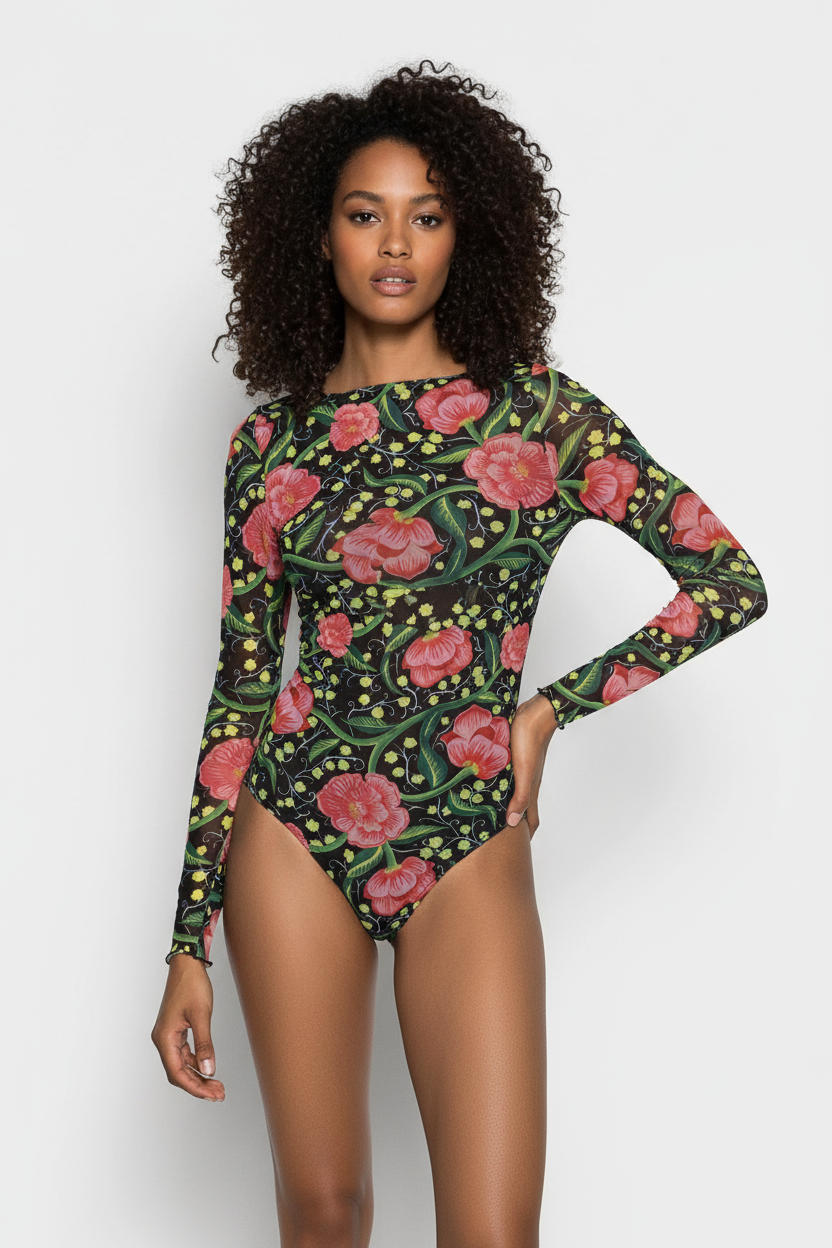 Desigual Floral Bodysuit – Black with Pink Flowers
