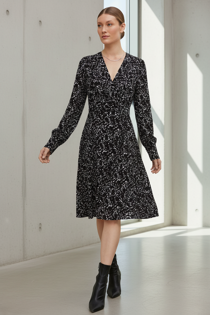 Comma Abstract Splatter Print V-Neck Dress – Black