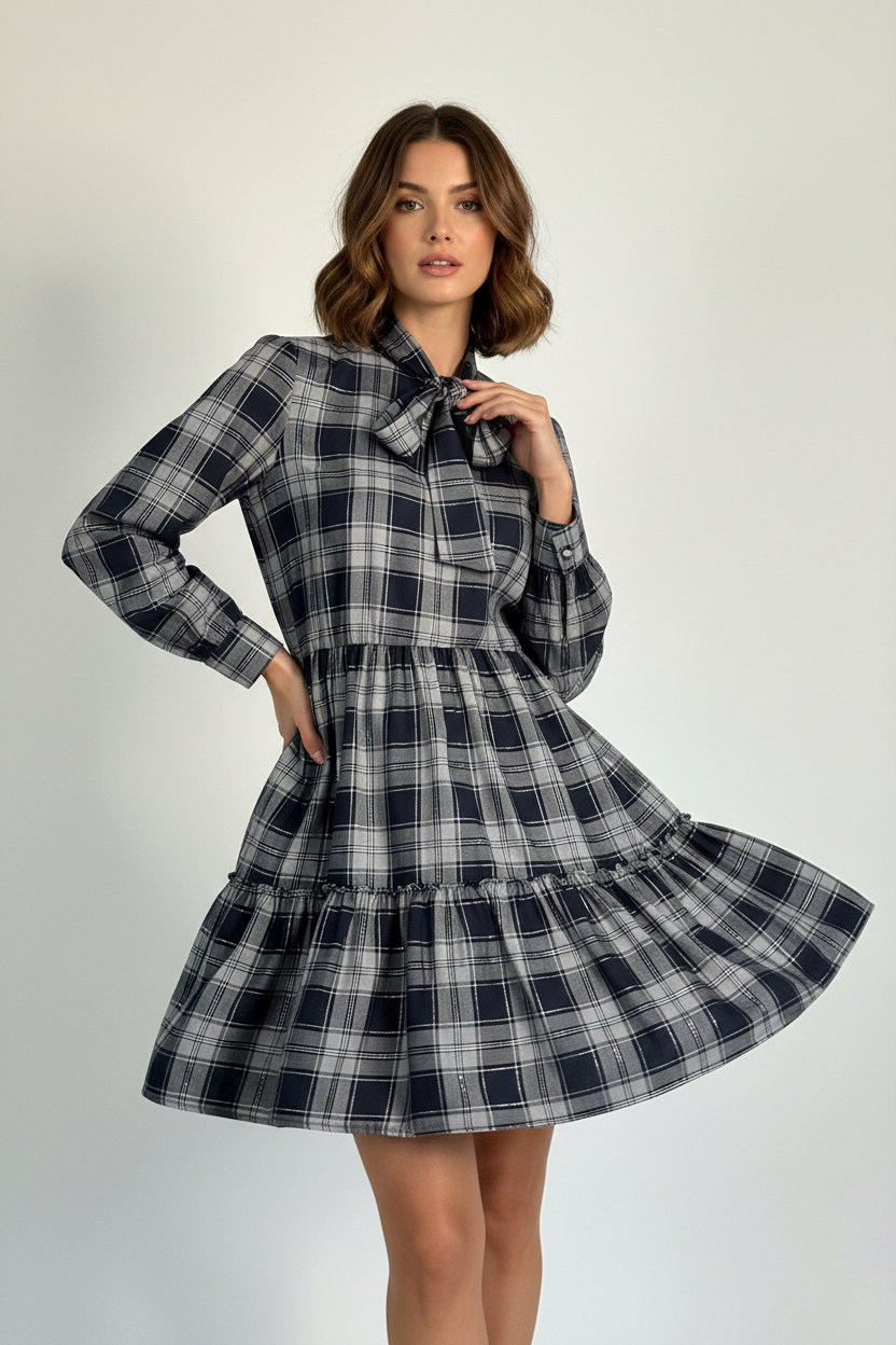 Motivi Checkered Dress with Bow – Blue-Grey