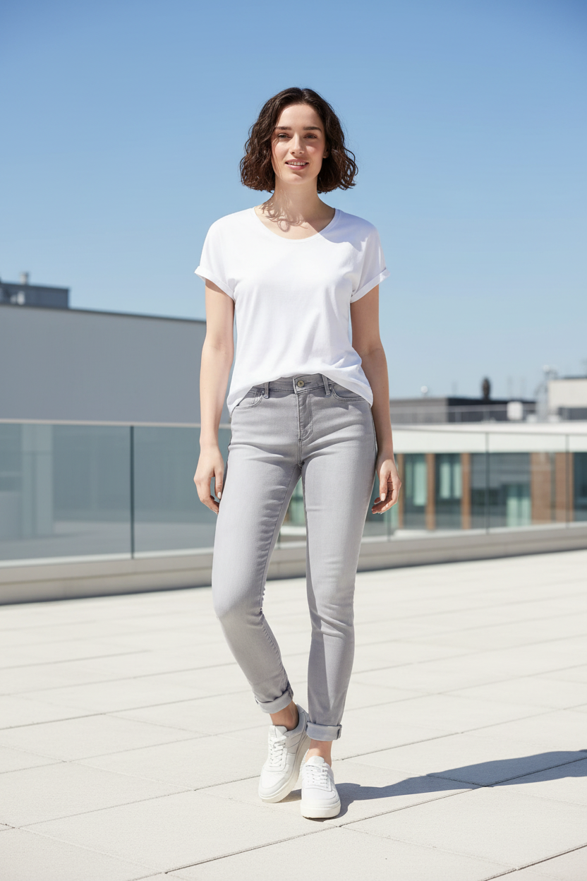 s.Oliver Izabell világosszürke skinny farmernadrág szabadtéri környezetben – modellen