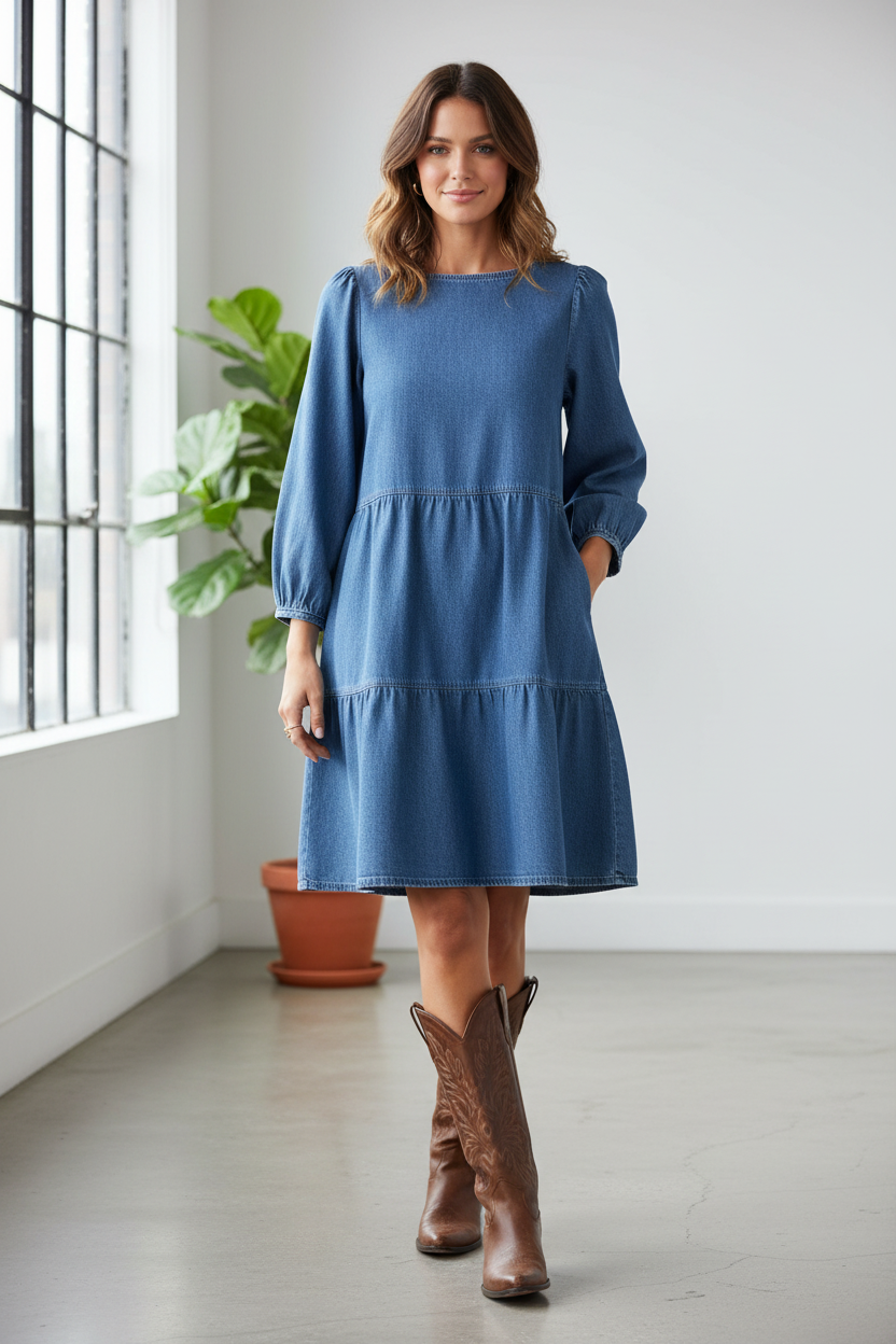 b.young Bykairon chambray A-vonalú ruha – középkék