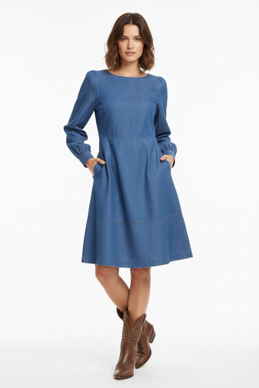 b.young Bykairon chambray A-vonalú ruha – középkék