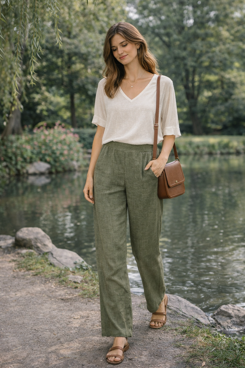 Sorbet SBLIAMO Linen Wide-Leg Trousers – Sage Green