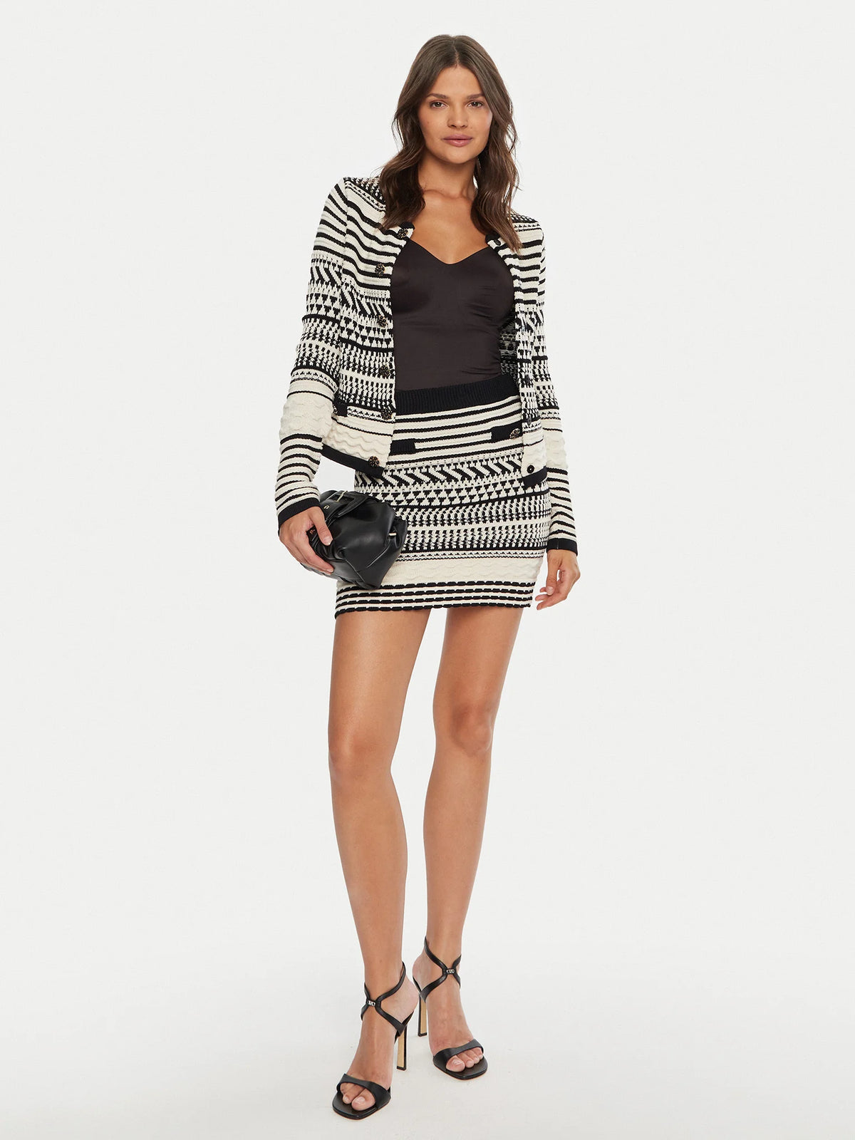 Marciano Guess Patterned Cardigan - Black-Cream worn with a stylish black top and mini skirt for women's fashion outlet.