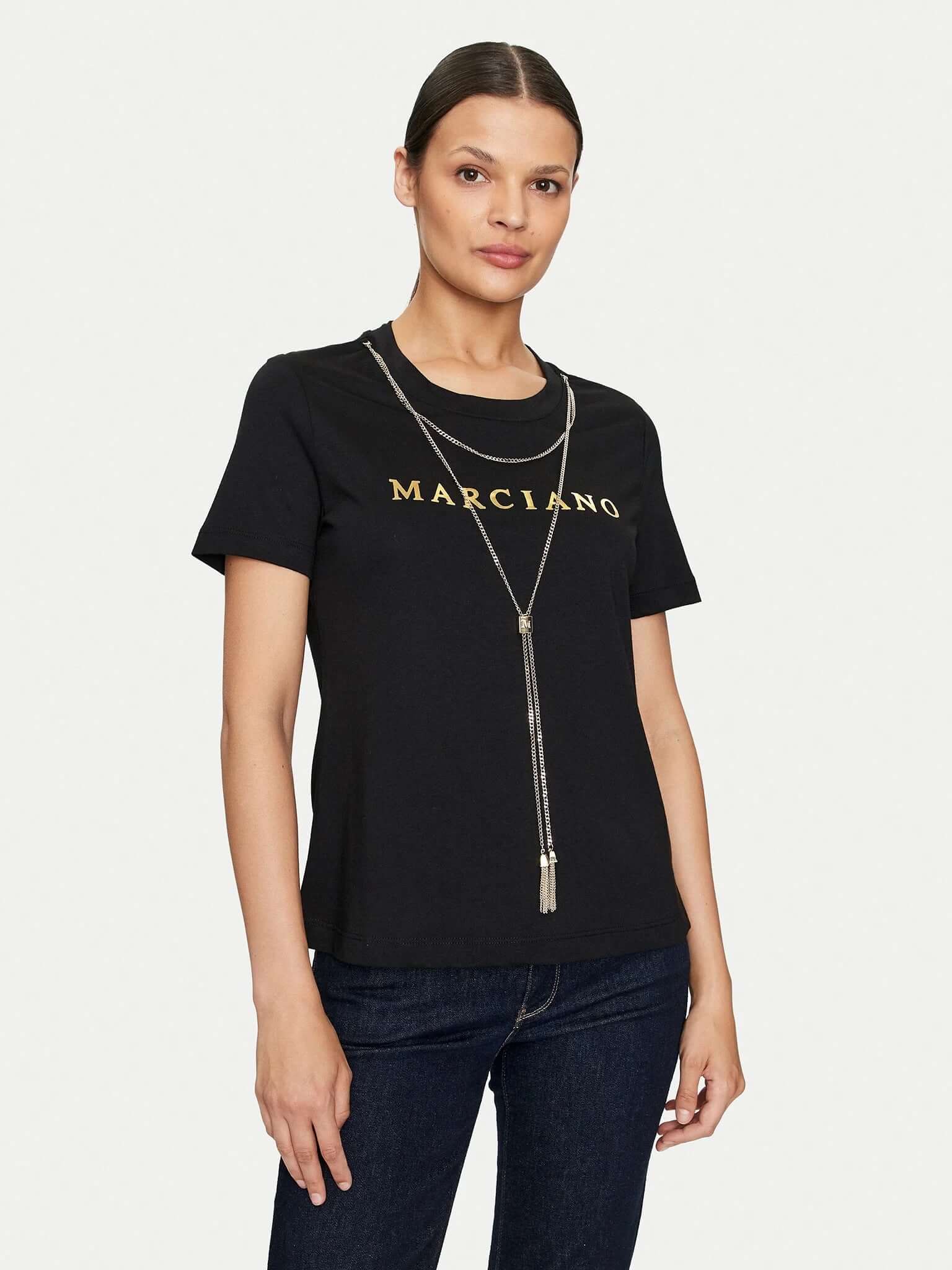 Marciano by Guess Logo T-Shirt with Gold Chain Necklace – Black worn by model, showcasing women's fashion in designer clothing.