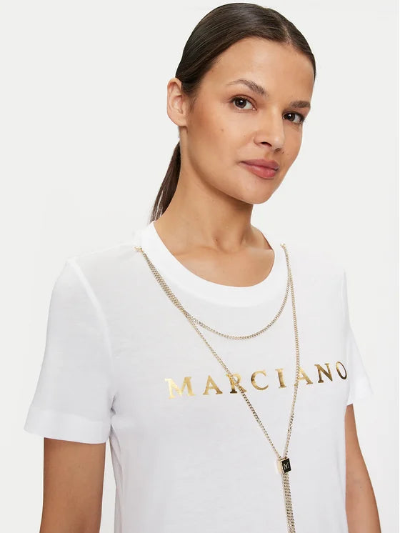 Marciano Guess T-Shirt Olivia White Regular Fit on model, showcasing women's fashion and designer clothing with elegant accessories.