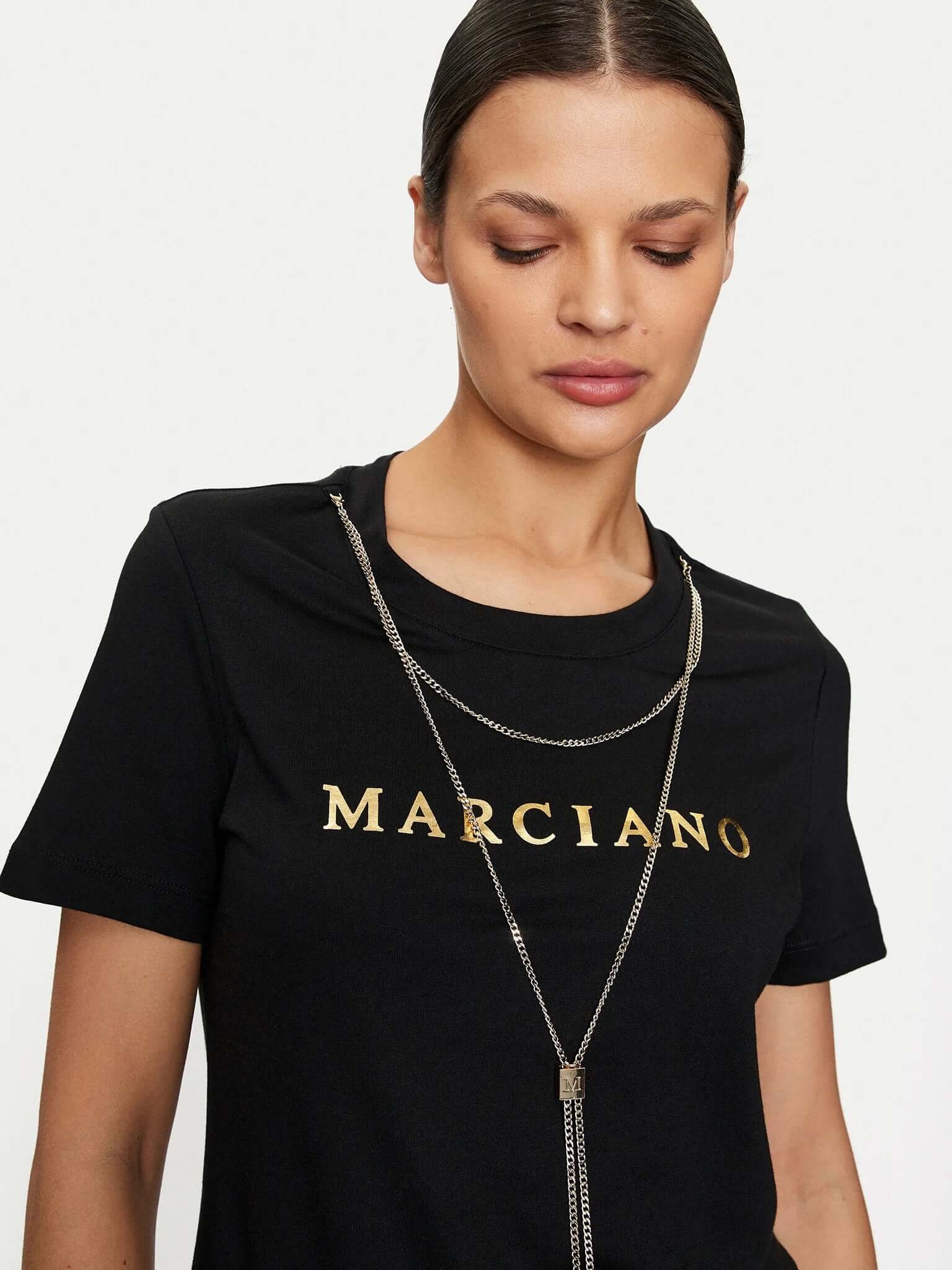 Marciano by Guess Logo T-Shirt with Gold Chain Necklace – Black, stylish women's fashion top with gold logo.