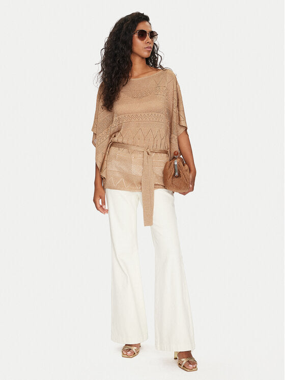 Marciano by Guess Hydra Ruha ecru sweater, stylish women's fashion top with flared white pants, premium designer clothing.