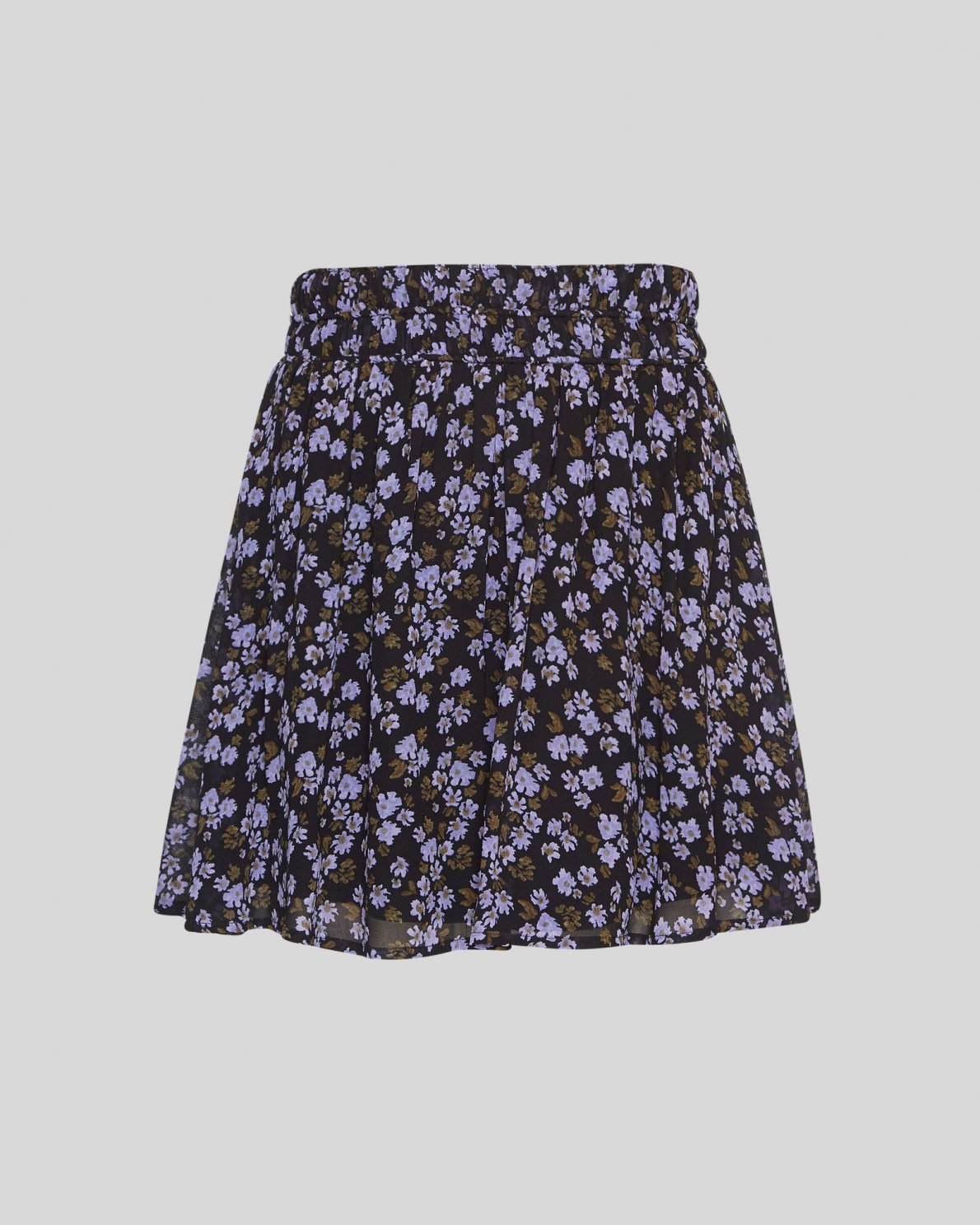 MSCH Copenhagen Kasandra Orabella skirt in black with lavender floral print, gathered waistband and gently flared hem, front view.