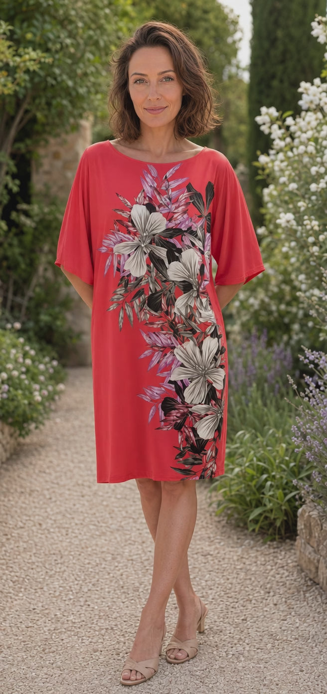 Load video: Marciano by Guess Floral Print Shift Dress – Coral, women's fashion, elegant summer dress with floral design, perfect for casual outings.
