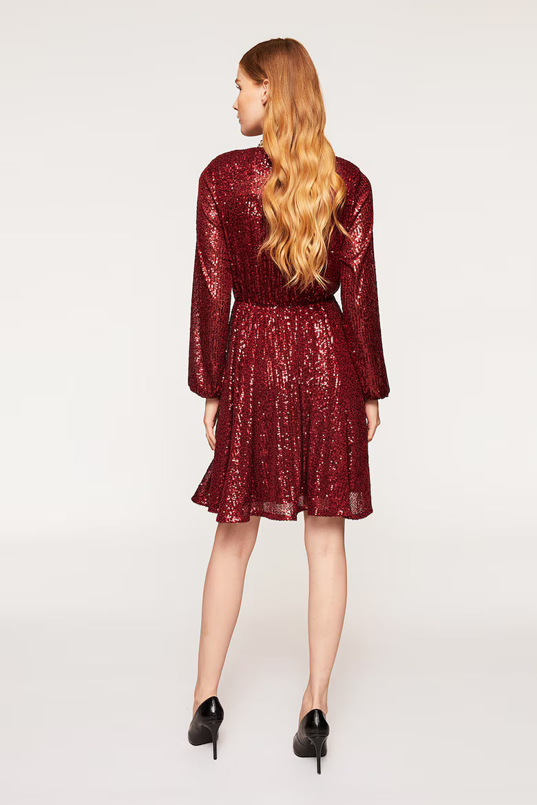 Motivi Sequin Long-Sleeve Dress – Burgundy
