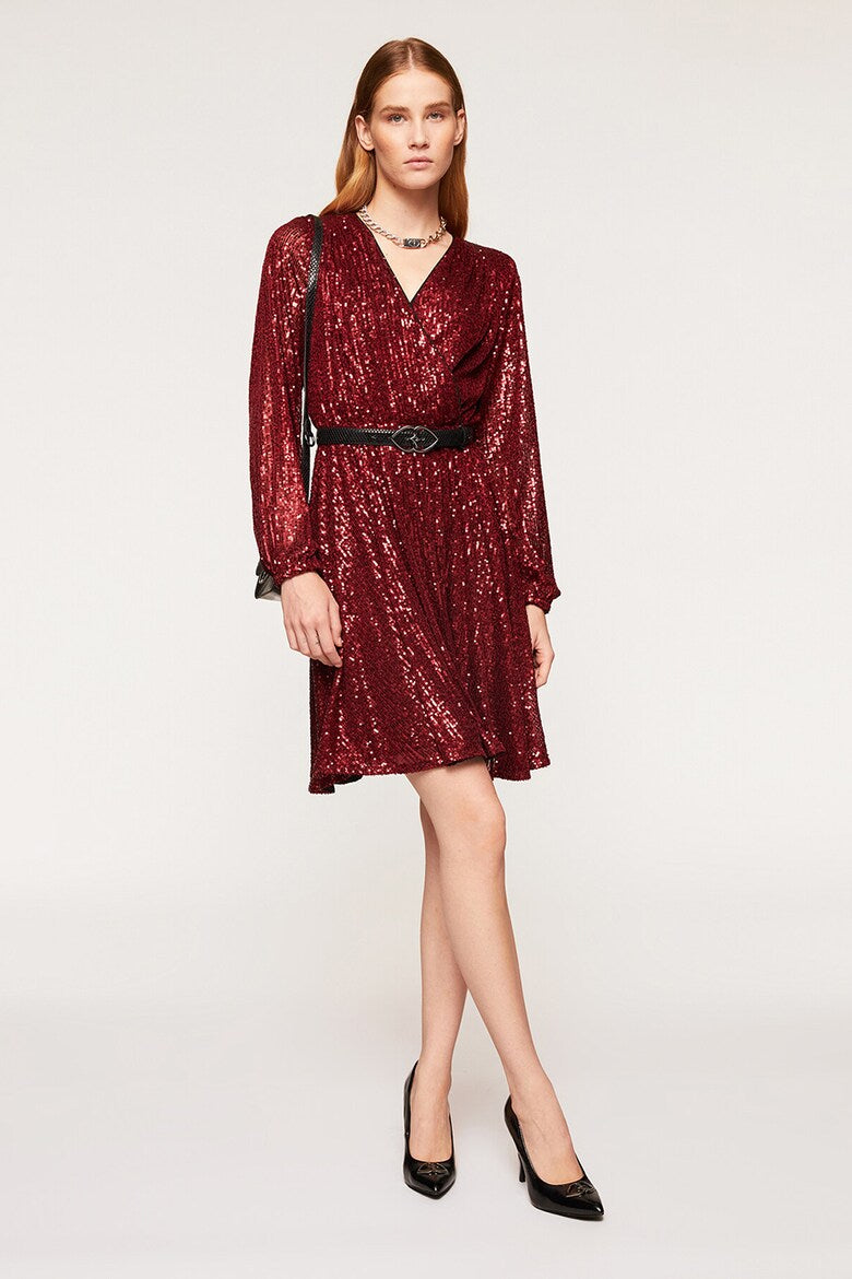 Motivi Sequin Long-Sleeve Dress – Burgundy