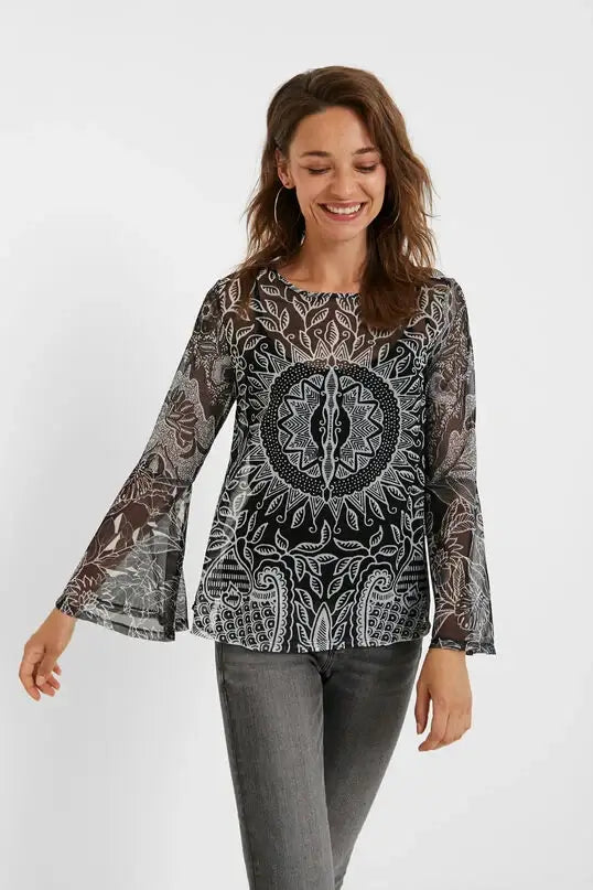 Desigual Dijon Sheer Bell-Sleeve Top – Black