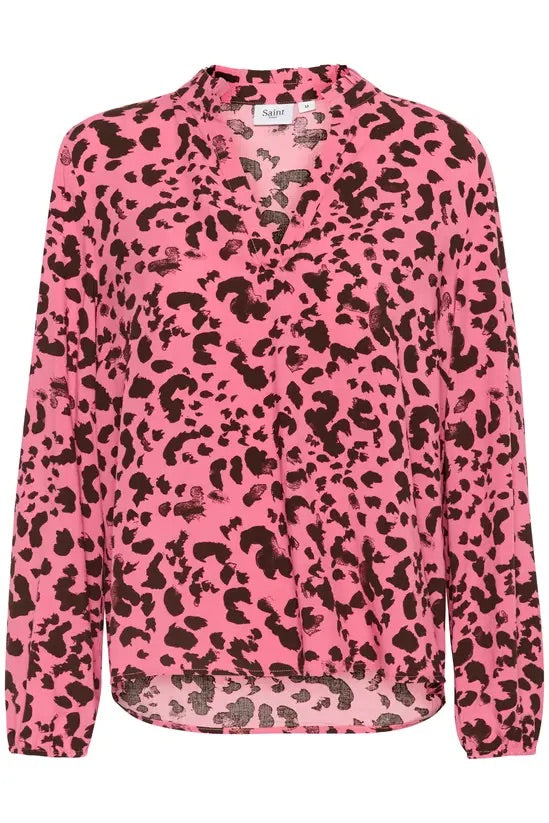 Front view of the Saint Tropez EDASZ blouse in Chateau Rose Animal, with a pink animal print, V-neck, stand collar and long sleeves.