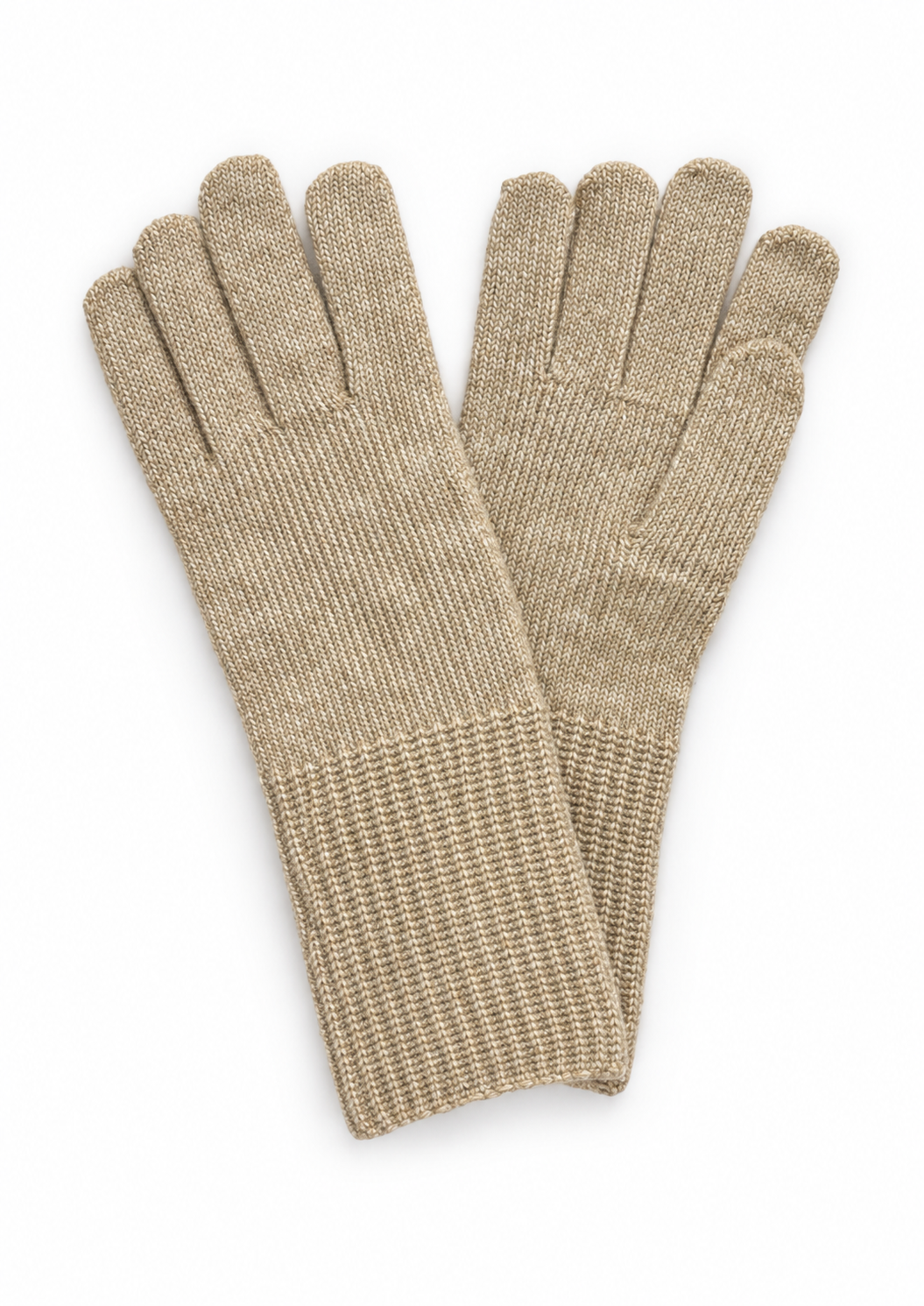 Pair of beige melange s.Oliver knitted gloves with long textured cuffs on a white background
