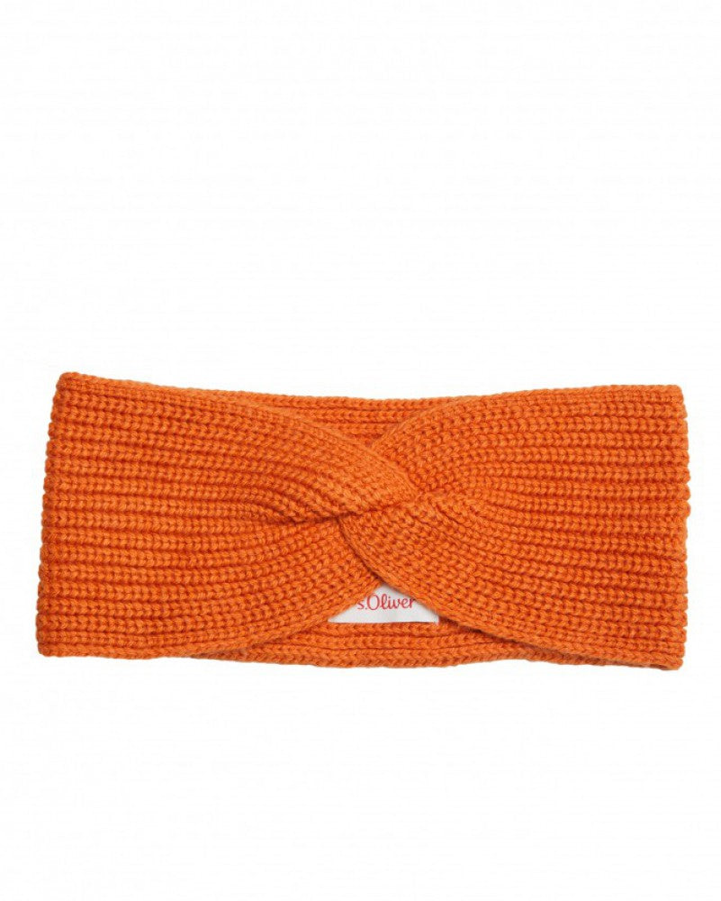 Orange s.Oliver knitted headband with a twist front on a white background