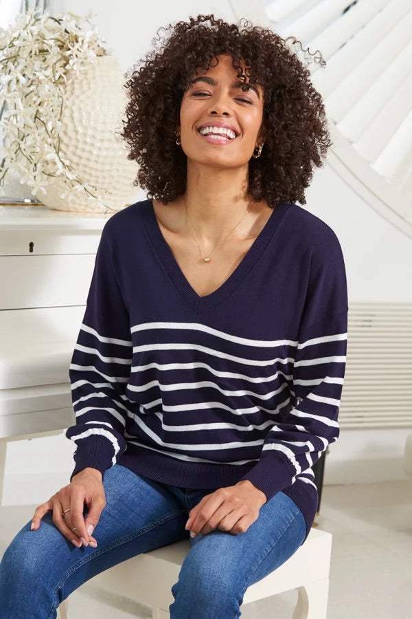 b.young Navy & White Stripe V-Neck Jumper