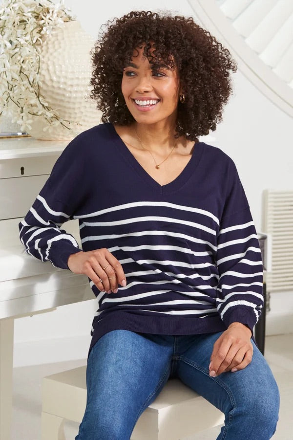 b.young Navy & White Stripe V-Neck Jumper