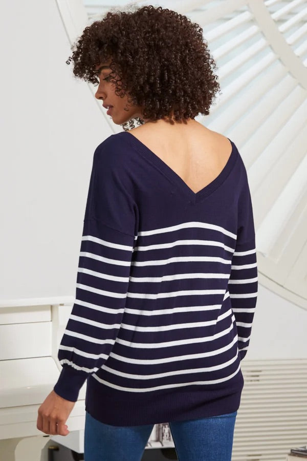 b.young Navy & White Stripe V-Neck Jumper